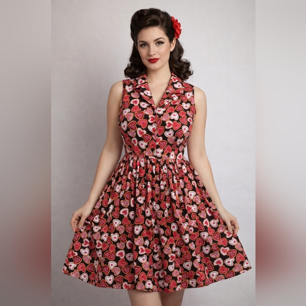 Vtg Style Fervour Modcloth Heart Cookie Dress Valentine's Day Retro Pinup Med Lg